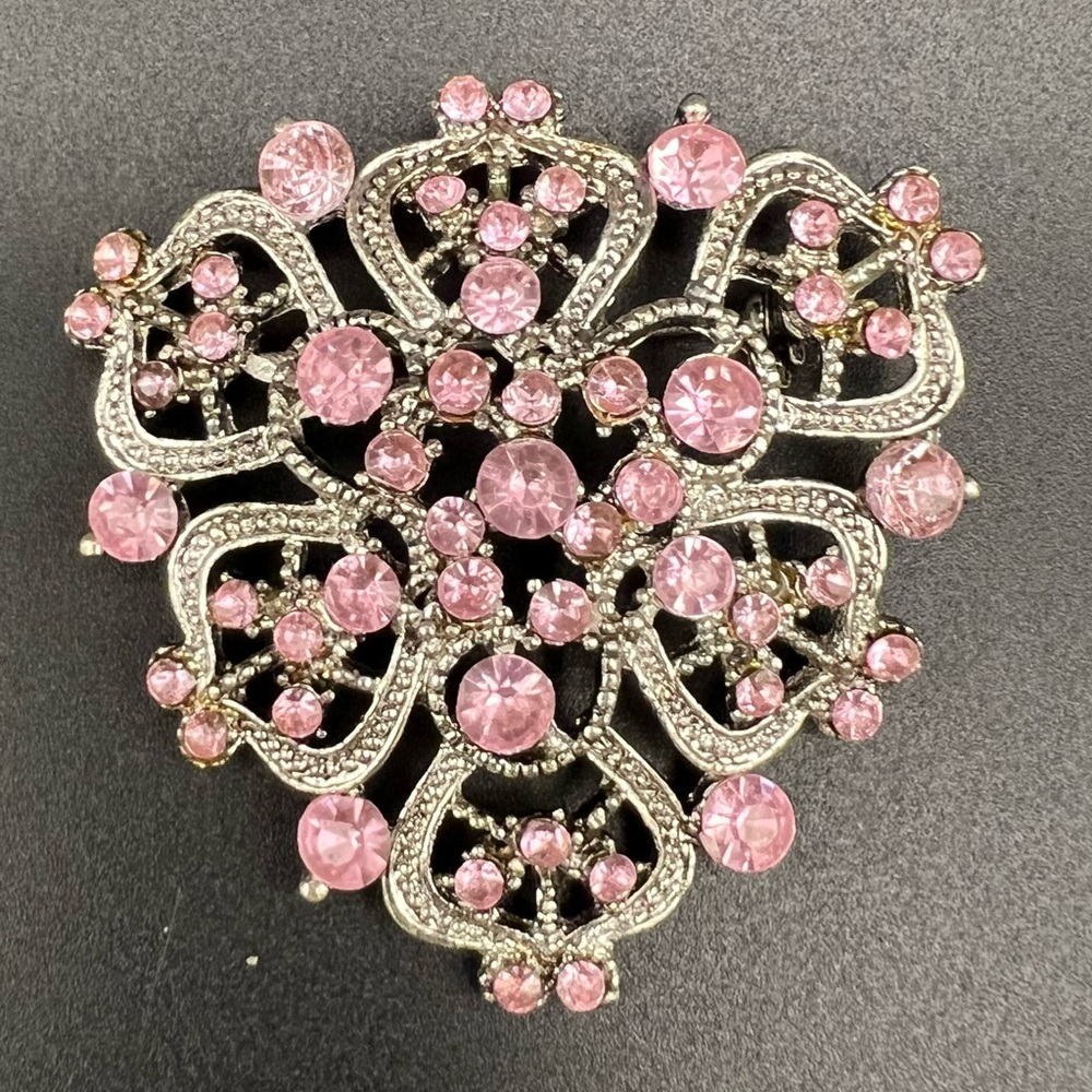 Vintage Silver Tone Light Pink Rhinestone Large Brooch